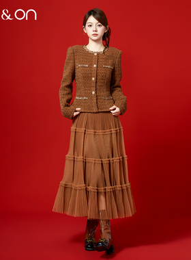 ON＆ON/安乃安2025冬季新款法式粗花呢小香网纱拼接加绒连衣裙女