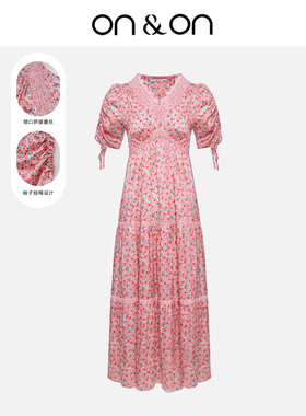 ON＆ON/安乃安夏季V领收腰显瘦气质拼接碎花小个子可穿蕾丝连衣裙
