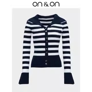 安乃安2025冬季 显瘦针织开衫 新款 百搭条纹修身 海军领时尚 ON＆ON