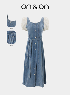 ON＆ON/安乃安2026春夏新款法式小方领系带收腰显瘦时尚牛仔长裙