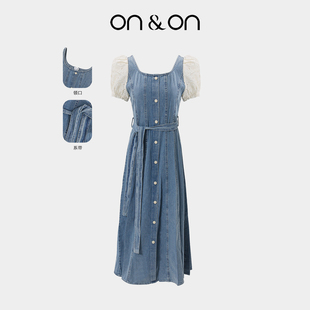 小方领系带收腰显瘦时尚 ON＆ON 法式 新款 牛仔长裙 安乃安2025夏季