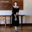 法式 新款 蕾丝压褶荷叶领赫本风丝绒连衣裙 安乃安2025冬季 ON＆ON