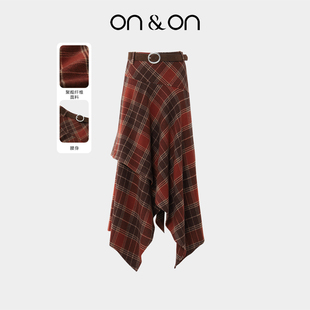 经典 ON＆ON 韩系复古高腰时尚 新款 百搭格纹半身裙 安乃安2025冬季