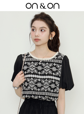 ON＆ON/安乃安夏季新款圆领泡泡袖气质短款提花高端缎面短袖上衣