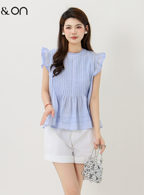 ON＆ON/安乃安2026春夏新款韩系木耳边圆领气质掐腰小飞袖小衫女