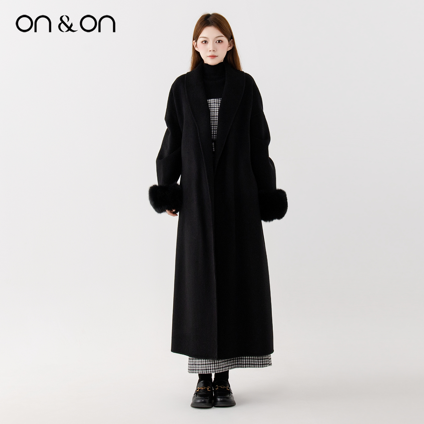 安乃安法式双面呢狐狸毛系带大衣