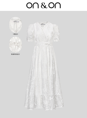 ON＆ON/安乃安2026春夏新款韩系V领重工镂空刺绣甜美白色连衣裙女