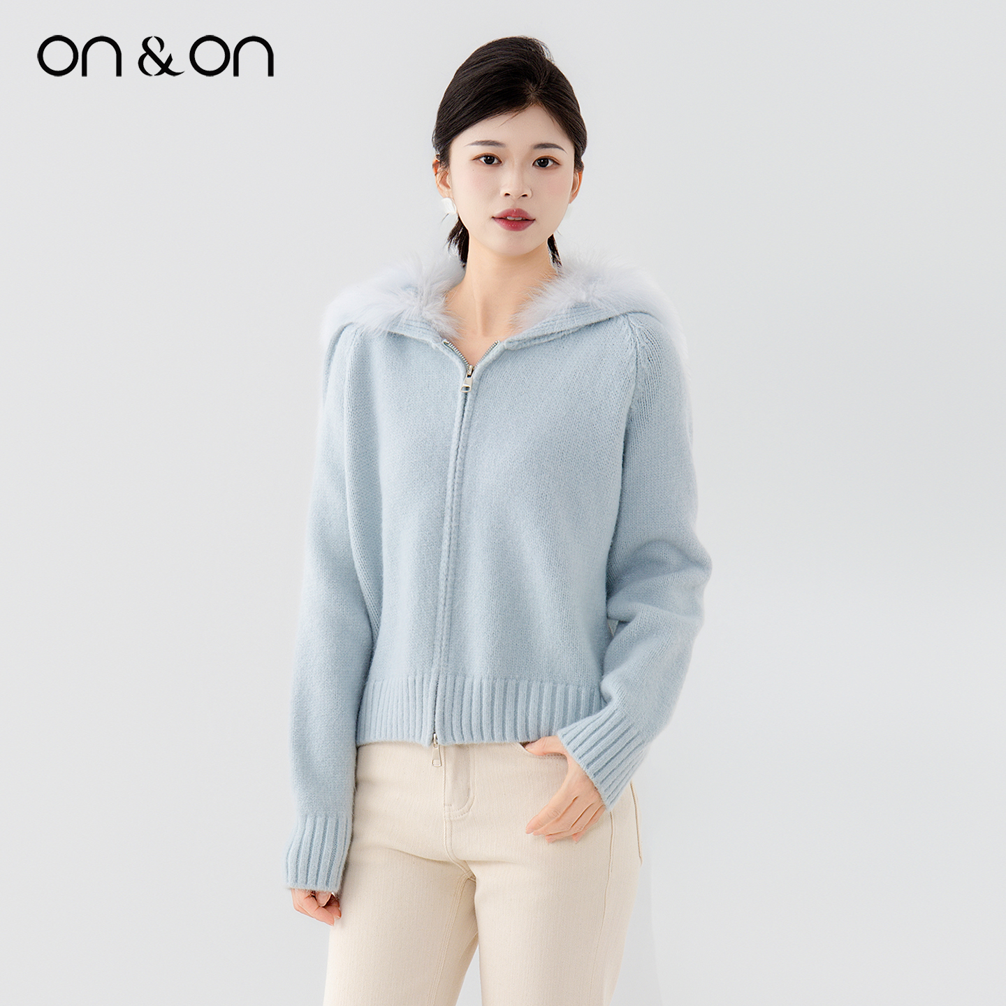 安乃安狐狸毛海军领修身针织开衫