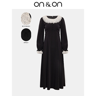 ON＆ON 韩系蕾丝双层领钉珠撞色复古收腰黑长裙 安乃安25秋冬新款