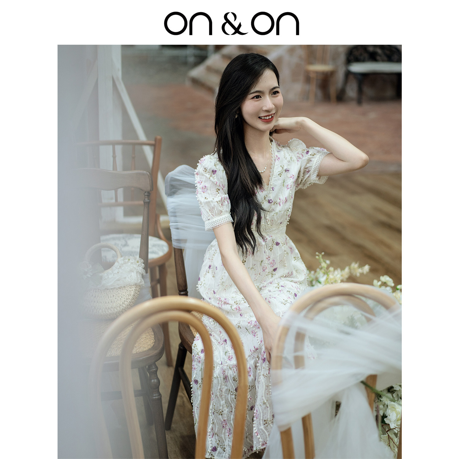 ON＆ON/安乃安2026春夏新款紫罗兰V领优雅碎花气质小个子连