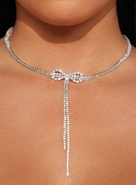 欧美新款水钻配饰 时尚百搭蝴蝶结项链 小众流苏颈链女 necklace