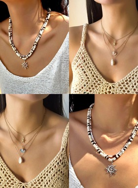 欧美热销项饰沙滩风海星贝壳吊坠项链百搭叠戴扇贝项链套装