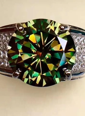 霸气男款绿莫桑钻戒指VVS净度八心八切工925银镶嵌