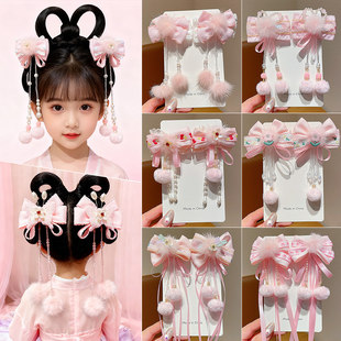 儿童过年汉服头饰女发夹中国风宝宝马年粉色拜年古风女童新年发饰