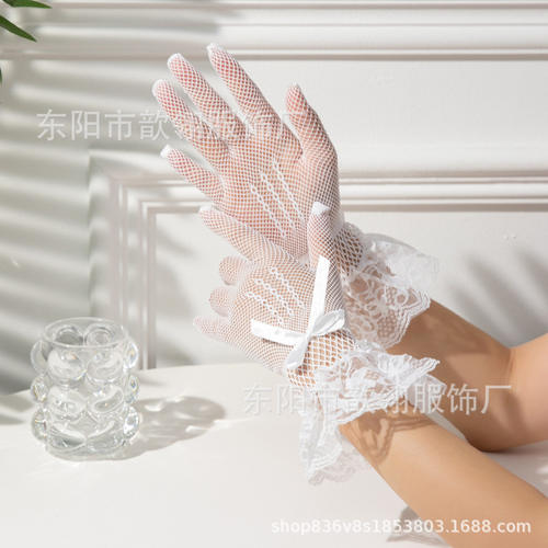 女士弹力五指渔网纱镂空新娘舞蹈蝴蝶结花边婚纱礼仪黑白手套情趣