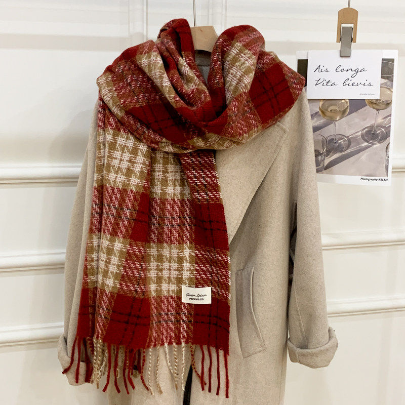 韩系氛围感格子围巾女秋冬红2025新款百搭可爱学生保暖高级感围脖