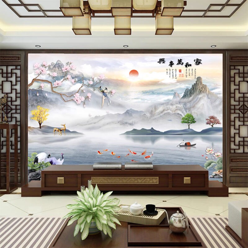 2022新款中式电视背景墙瓷砖客厅沙发山水墨画影视墙砖家和万事兴
