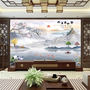 2022新款中式电视背景墙瓷砖客厅沙发山水墨画影视墙砖家和万事兴