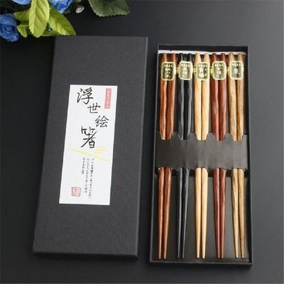 极速5 Pairs Japalnese Reusable Sushi Chopsticks Natural Beec