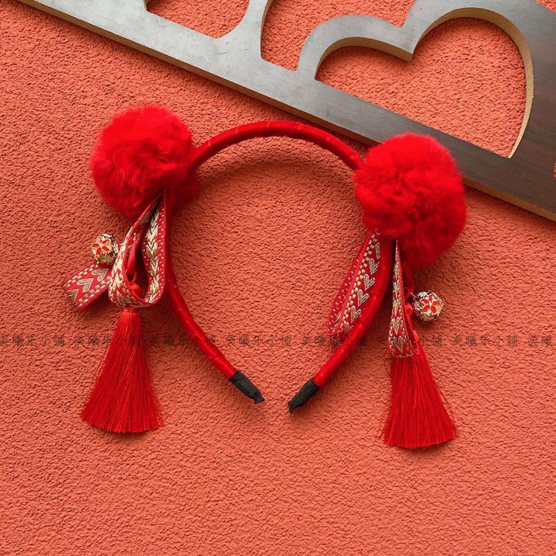 极速爆款新年水i貂毛古风发箍刺绣蝴蝶结精致铃铛流苏儿童汉服拜