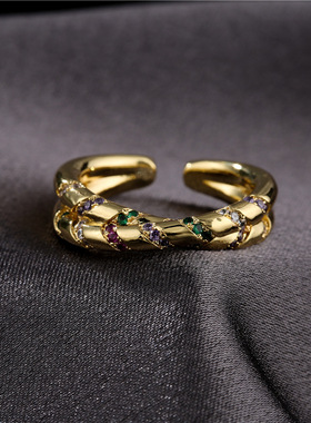 极速跨境新品 亚马逊wish热卖B几何开口戒指女 铜微镶锆石真金电