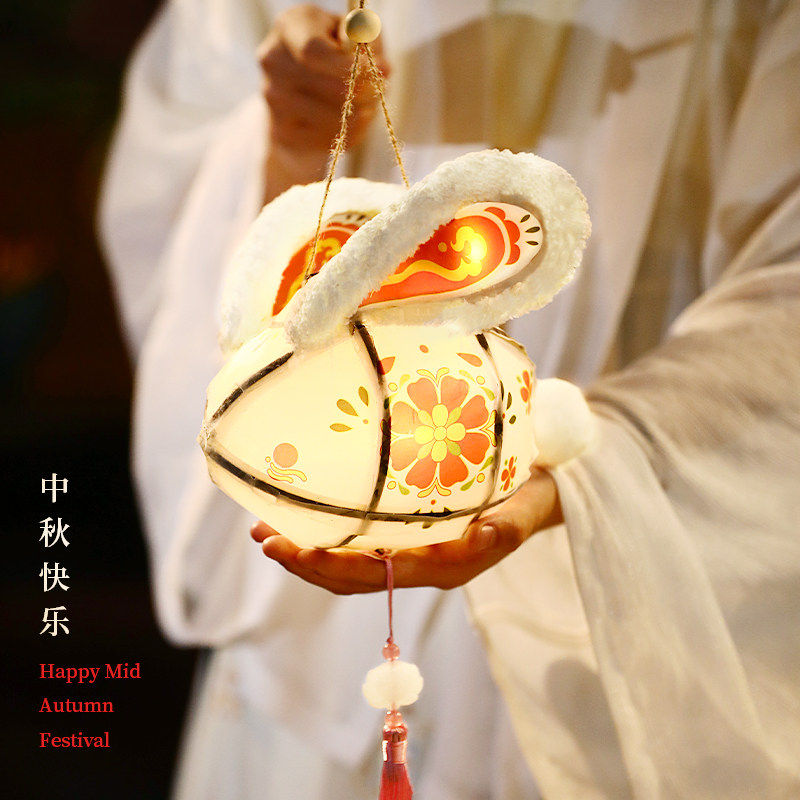 新品中秋节灯笼玉兔花灯q儿童手工diy制作材料包手绘兔子发光灯笼