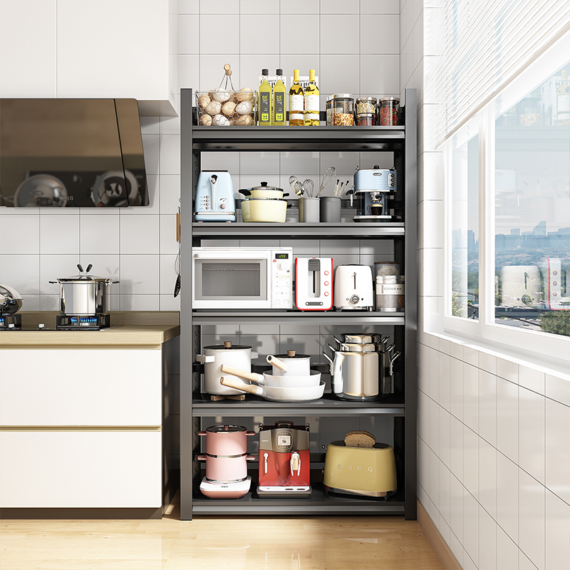 极速厨房置物架落地多层r多功能微波炉烤箱家用黑色碳钢架子货架