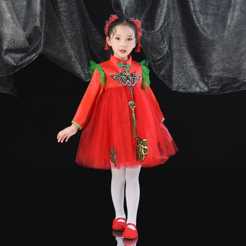 新品六一儿童秧歌演o出服装喜庆梦娃说唱中国红新年吉祥娃娃表演