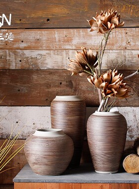新品御三泥简约现代插鲜花新中式复古陶瓷台O面干花瓶罐装饰摆件