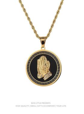 极速时尚复古金色长款项链钛t钢圆牌双佛手吊坠项链HIPHOP嘻哈饰