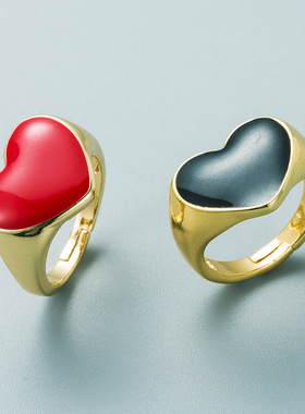 极速跨境欧美个性红色黑色大号爱心戒指女铜镀P金滴油开口嘻哈戒