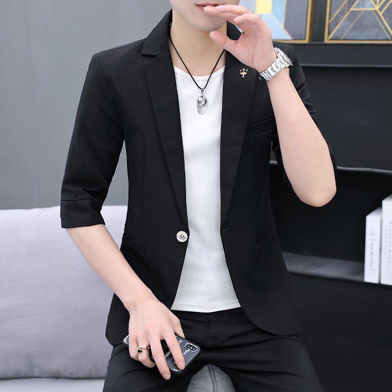 新品夏季新款七分袖西服男士韩版修身中袖外O套男装轻薄短袖免烫