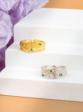 极速韩版不规则凹凸面戒指开口欧A美INS个性森系金银锡箔几何纹理