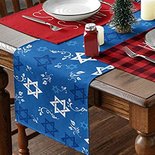新品Blue Happy Hanukpkah Menorah Linen Table Runners Chanuka