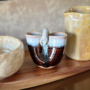 日本中古作家器 手作粗陶酒器公道复古窑变品茗杯花器茶具摆件