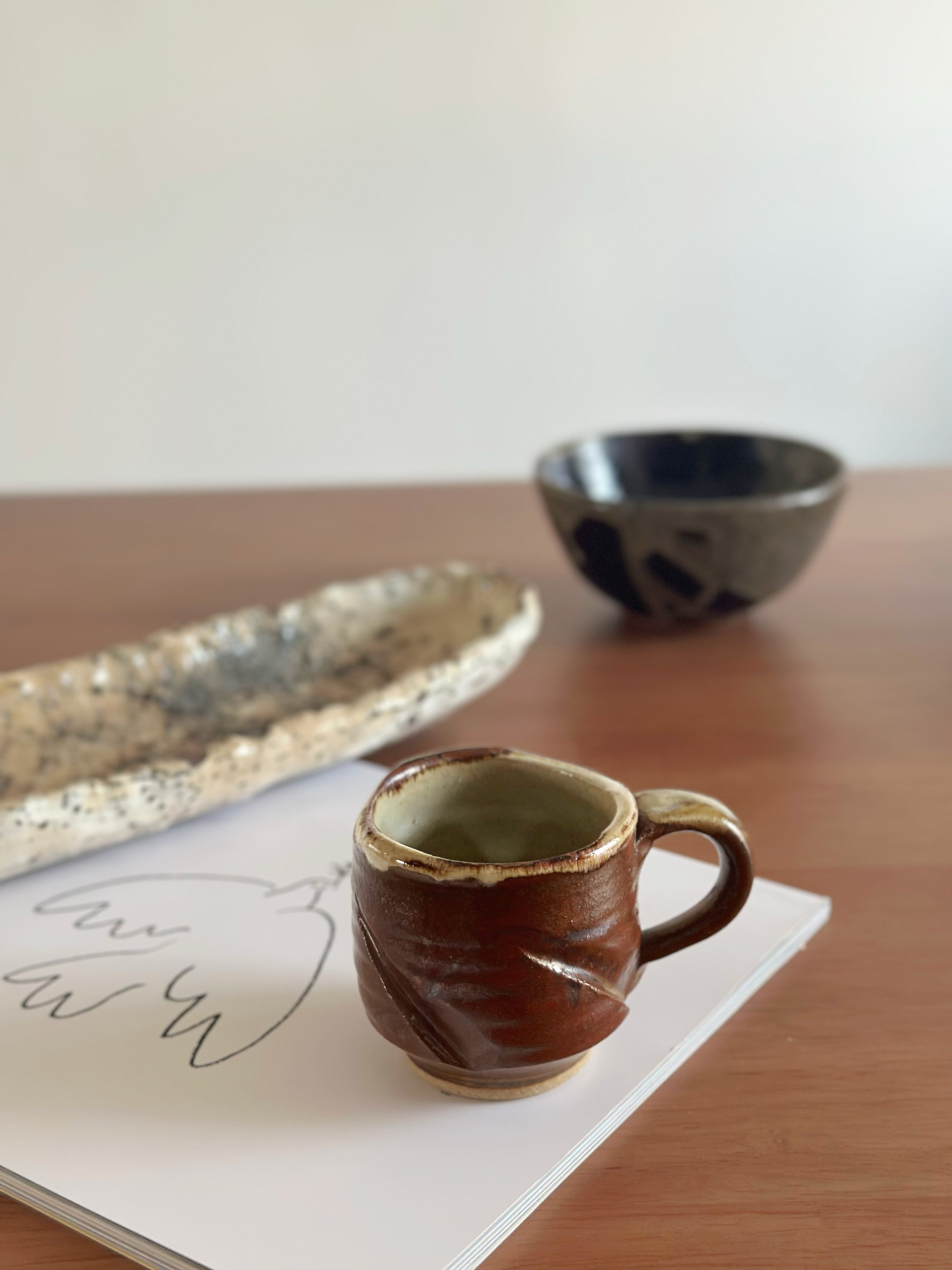 日本中古收藏品 全新手捏茶具柴烧粗陶拿铁咖啡杯复古风点心碟套