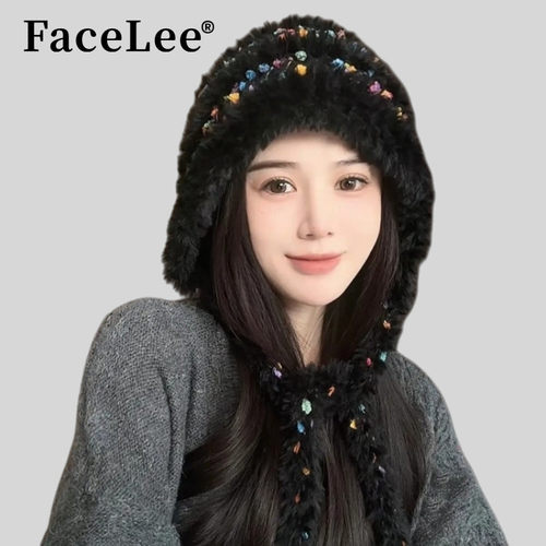 FaceLee日本设计师联名款可爱彩虹点缀毛绒帽子女秋冬软糯加厚保