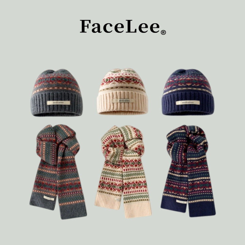FaceLee日本设计师联名款复古提花费尔岛厚实针织围巾帽子套装男