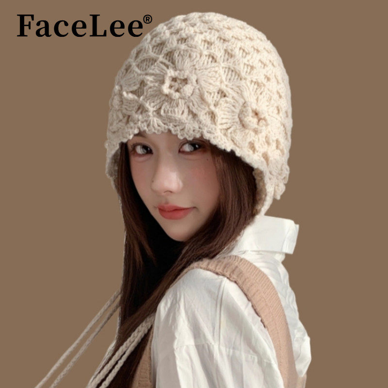 FaceLee日本设计师联名款秋冬季手工编织女立体花朵时尚保暖针织