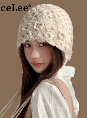 FaceLee日本设计师联名款秋冬季手工编织女立体花朵时尚保暖针织