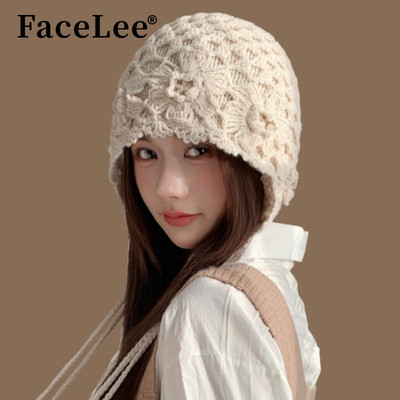 FaceLee日本设计师联名款秋冬季手工编织女立体花朵时尚保暖针织