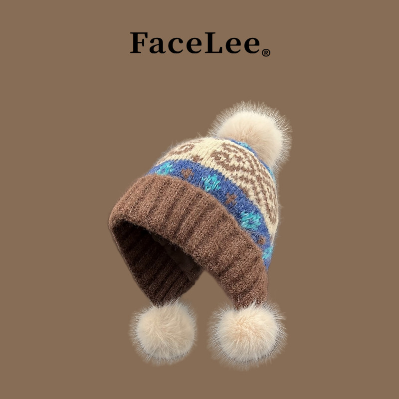 FaceLee日本设计师联名款复古提花费尔岛风球球针织套头帽子女秋