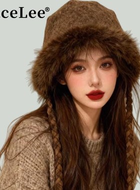 FaceLee日本设计师联名款毛茸茸咖色复古针织护耳帽子女秋冬加厚