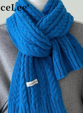 FaceLee日本设计师联名款蓝色高级感毛线大麻花围巾2025新款女冬