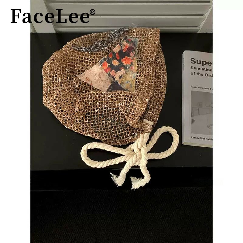 FaceLee日本设计师联名款复古民族风贴布蕾丝拼接绑带包头帽女夏