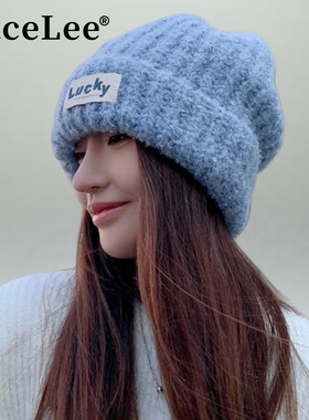 FaceLee日本设计师联名款蓝色针织帽加厚毛线帽粗毛帽子女秋冬保