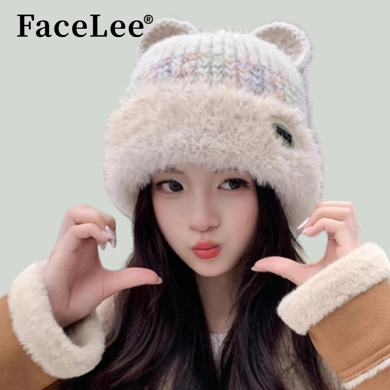 FaceLee日本设计师联名款冬季加绒保暖套头帽子女毛绒小熊显脸小