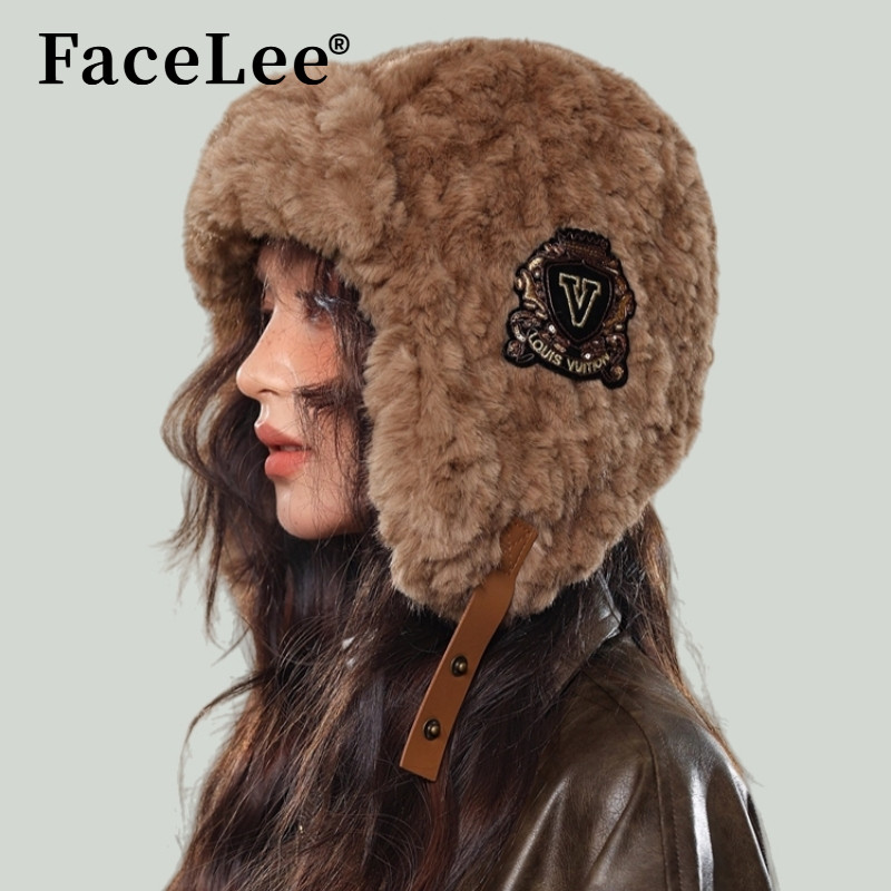 FaceLee日本设计师联名款冬季毛绒雷锋帽子女保暖护耳飞行员帽韩