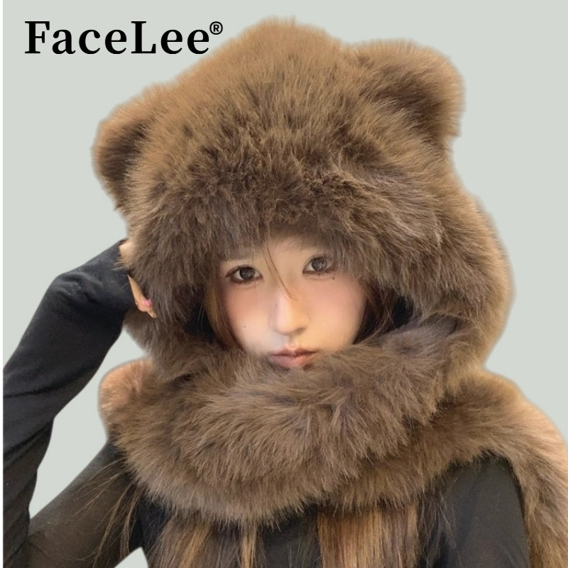FaceLee日本设计师联名款咖啡色雷锋帽女冬季保暖小熊耳朵帽子围