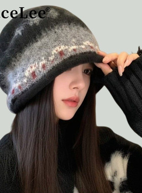 FaceLee日本设计师联名款费尔岛帽子女2025新款秋冬复古冷帽大头